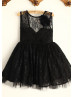 Black Lace Tulle V Back Knee Length Flower Girl Dress With Flower
